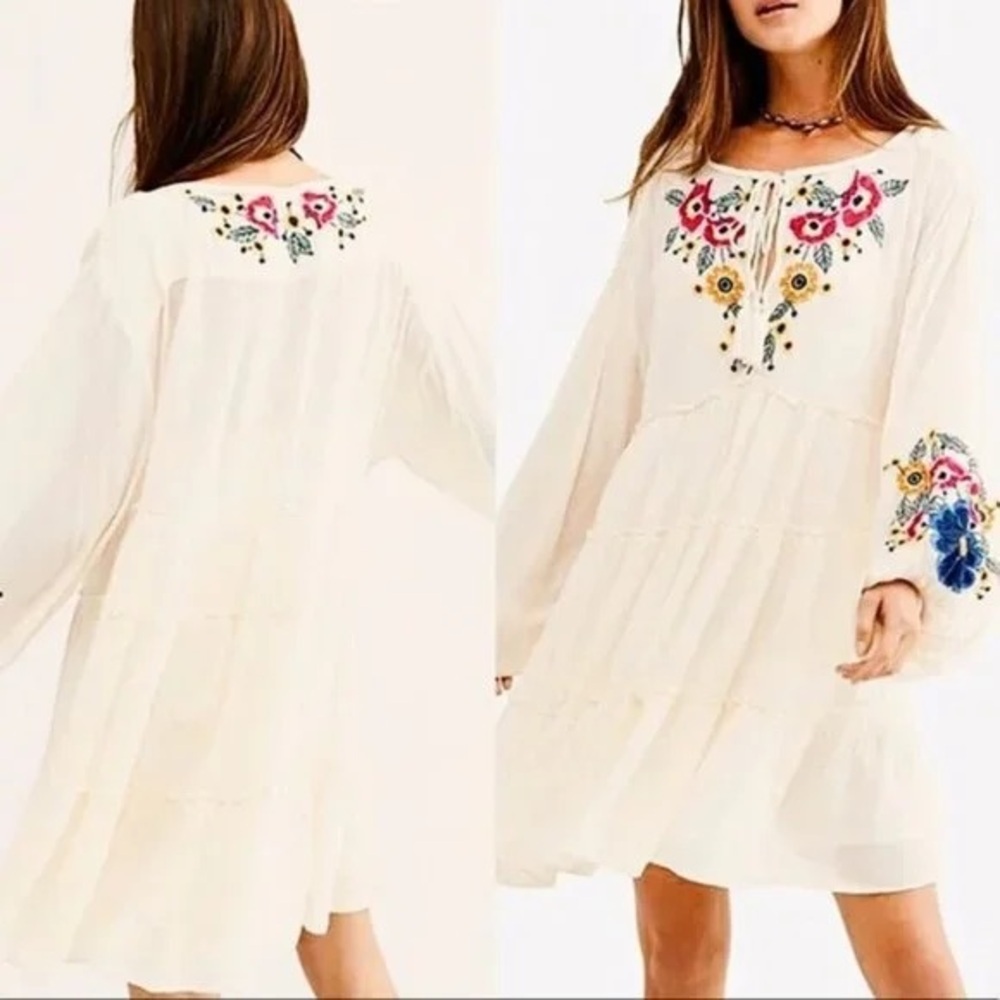 Free People Spell On You Ecru Ivory Floral Embroidered Peasant Dress Size Small
